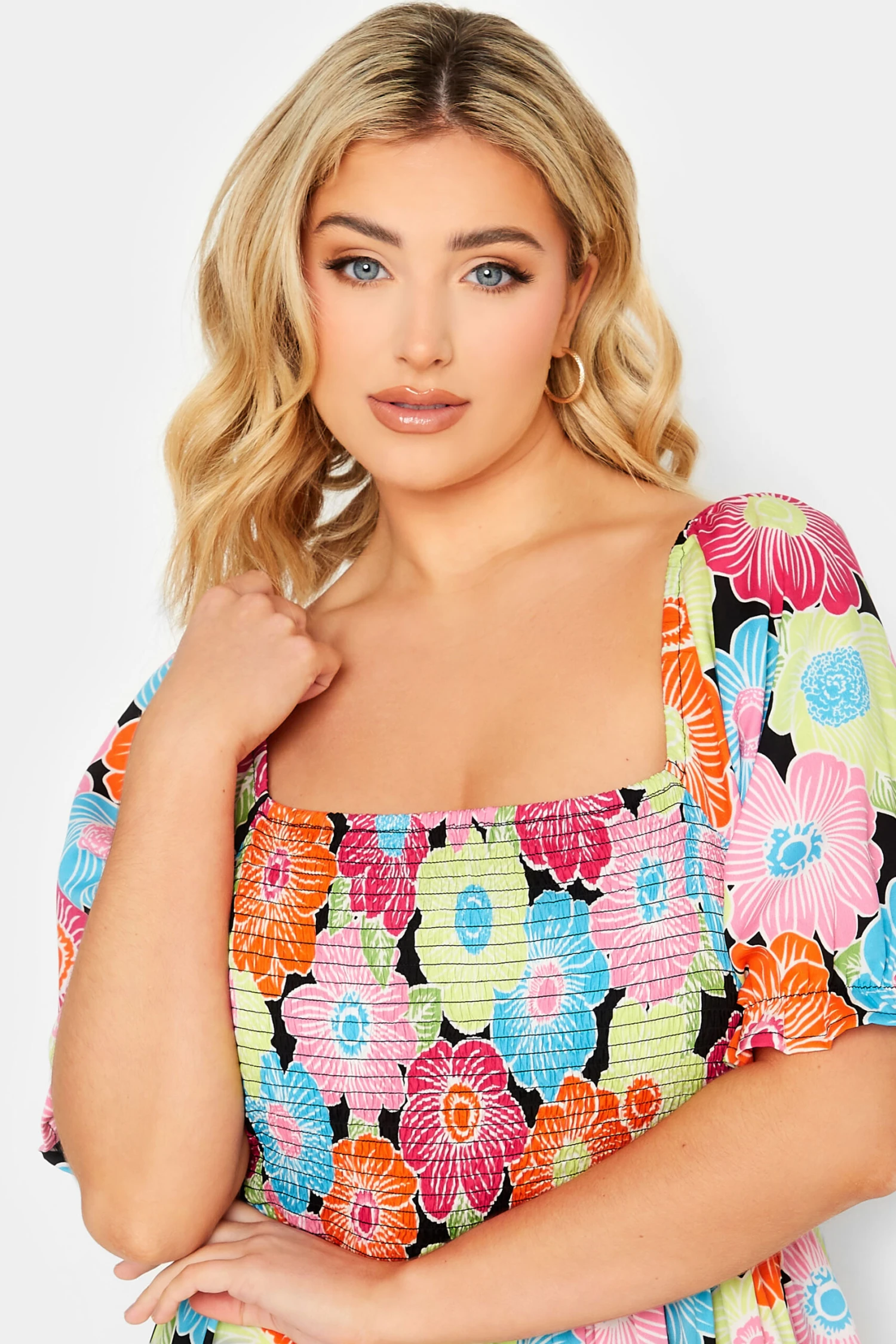 YOURS - Midi-jurk Met Bloemmotief, Pofmouwen & Smokwerk In Roze/blauw 5 YOURS - Midi-jurk Met Bloemmotief, Pofmouwen & Smokwerk In Roze/blauw - Afbeelding 3