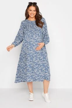 BUMP IT UP MATERNITY - Midi-jurk Met Bloemetjes, Smokwerk & Lange Mouwen In Blauw