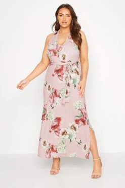 YOURS LONDON - Maxi-jurk Met Bloemenprint & Halternek In Roze