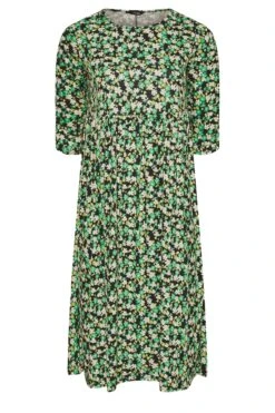 LIMITED COLLECTION - Aangerimpelde Midi-jurk Met Bloemenprint & 3/4-mouwen In Zwart En Groen -NAOMI Kleding Winkel 10b4d504 c7d6 4c 214985 X