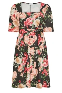 YOURS LONDON - Jurk Met Bloemen, Vierkante Hals En Tailleband In Zwart & Roze -NAOMI Kleding Winkel 129f5a41 23b5 4b 161792 X