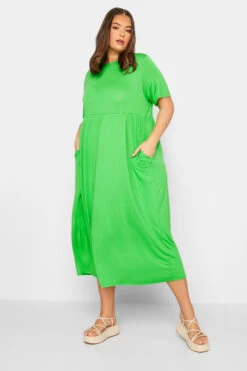 LIMITED COLLECTION - Aangerimpelde Maxi-jurk Met Korte Mouwen In Felgroen
