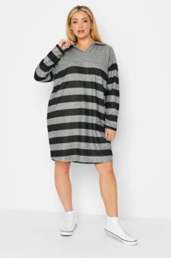 YOURS LUXURY - Soft Touch Jurk Met Strepen & Open Kraag In Grijs