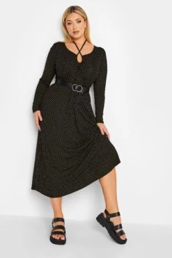 LIMITED COLLECTION - Midaxi-jurk Met Lange Mouwen, Stippenprint & Strikdetail In Zwart
