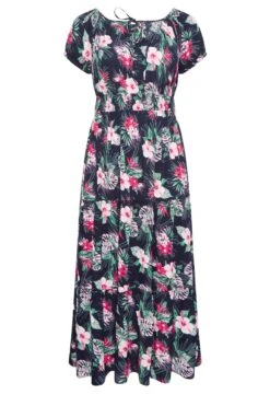 YOURS - Maxi-jurk Met Bloemenprint, Elastische Taille & Bardot-hals In Donkerblauw -NAOMI Kleding Winkel 1c4437a3 4036 48 137323 X