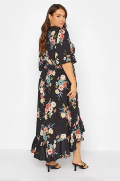 Midi-jurk Met Bloemenprint & Lange Achterkant In Zwart