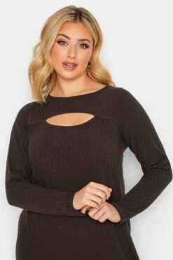 Geribbelde Midaxi-jurk Met Uitsnijding In Chocoladebruin -NAOMI Kleding Winkel 30aaabcd 399e 46 137252 D