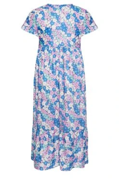 LIMITED COLLECTION - Maxi-jurk Met Bloemmotief & Korte Ruchemouwen In Blauw/roze -NAOMI Kleding Winkel 35987966 1e38 42 215603 Y
