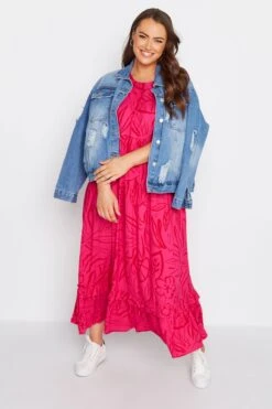 Maxi-jurk Met Bladerprint, Korte Mouwen & Ruchezoom In Roze