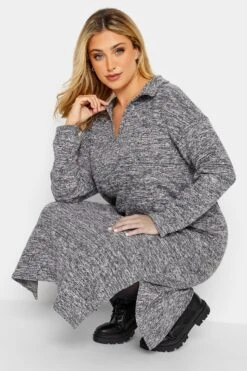 Soft Touch Midi-jurk Met Open Kraag In Gemêleerd Zwart -NAOMI Kleding Winkel 3e652dce a345 41 301517 D