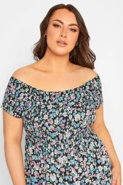 YOURS - Jurk Met Bloemmotief, Smokwerk En Bardothals In Zwart/roze -NAOMI Kleding Winkel 4b75a825 7d10 45 137330 D