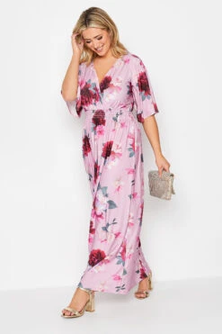 YOURS LONDON - Maxi-jurk Met Elastische Taille & Bloemmotief In Roze/rood