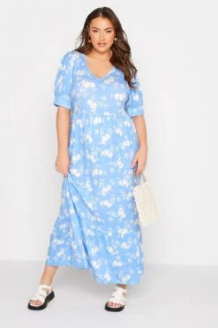 Maxi-jurk Met Bloemenprint & V-hals In Blauw