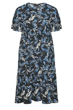Midi-jurk Met Bladerprint & Korte Mouwen In Zwart En Blauw -NAOMI Kleding Winkel 58237f7d 211e 46 300801 X