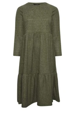 YOURS - Geribbelde Midi-jurk Met Lange Mouwen & Lagen In Donkergroen -NAOMI Kleding Winkel 5f864dd4 5779 45 301711 X