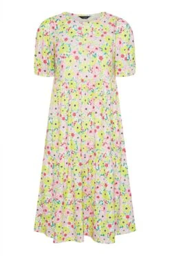 Aangerimpelde Midaxi-jurk Met Bloemenprint & Pofmouwen In Roze En Geel -NAOMI Kleding Winkel 604dd469 fc49 4e 137199 X