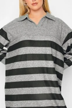 YOURS LUXURY - Soft Touch Jurk Met Strepen & Open Kraag In Grijs -NAOMI Kleding Winkel 624c359b ddfd 48 301484 E