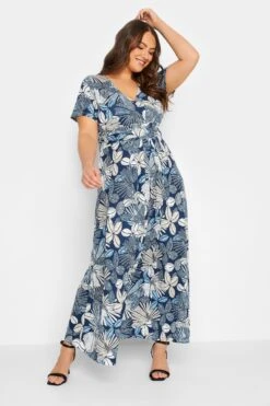 YOURS - Maxi-jurk Met Tropische Bladerprint & Korte Mouwen In Blauw
