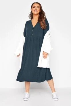 LIMITED COLLECTION - Geribbelde Midi-jurk Met Peplum In Donkerblauw