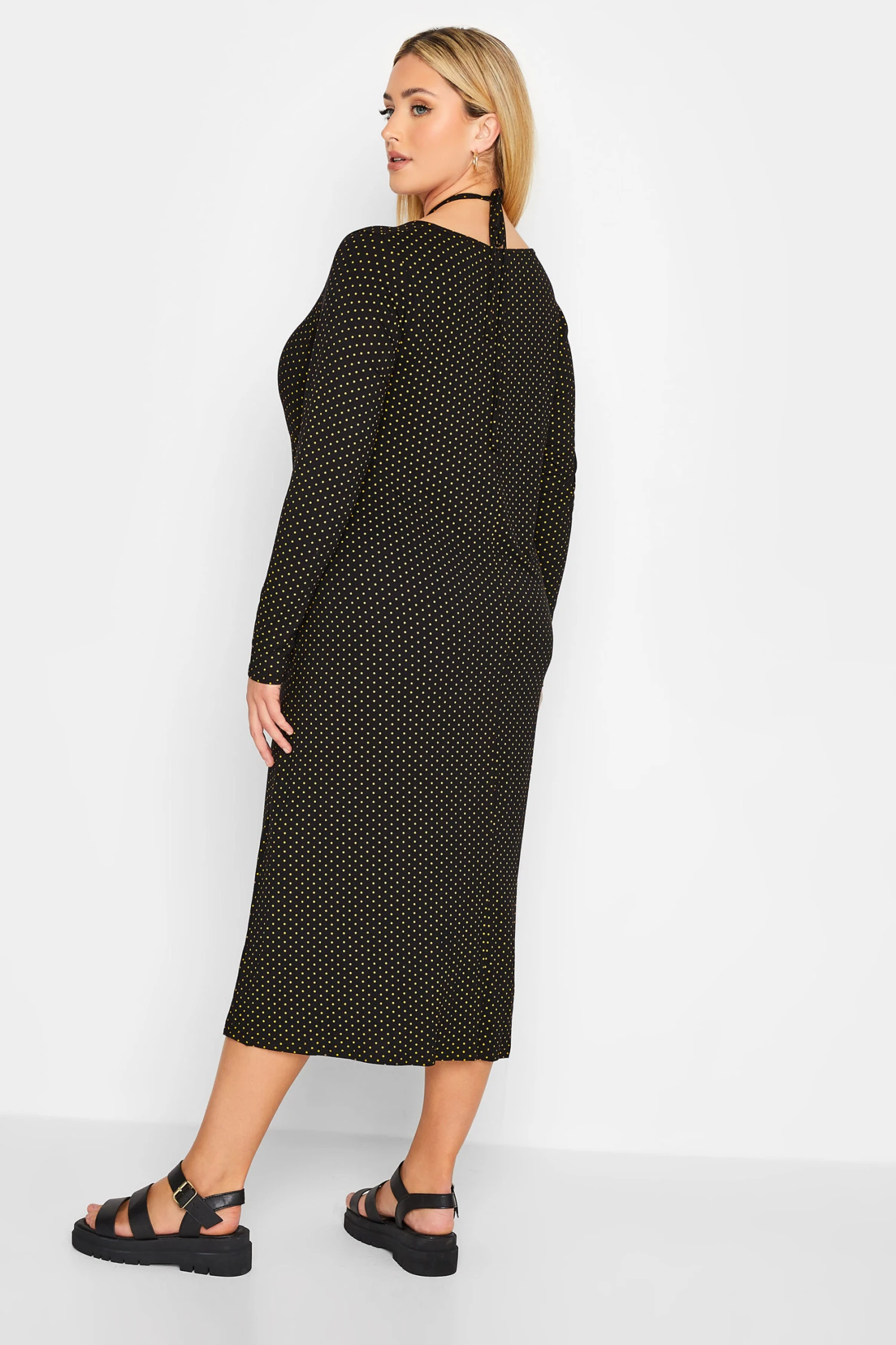 LIMITED COLLECTION - Midaxi-jurk Met Lange Mouwen, Stippenprint & Strikdetail In Zwart 4 LIMITED COLLECTION - Midaxi-jurk Met Lange Mouwen, Stippenprint & Strikdetail In Zwart - Afbeelding 2