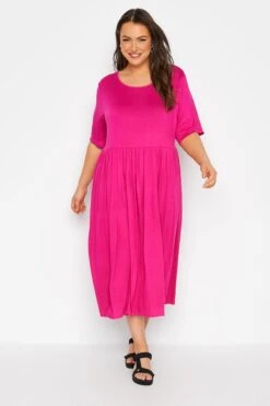 LIMITED COLLECTION - Aangerimpelde Midaxi-jurk Met Korte Mouwen In Felroze