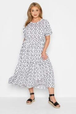 Aangerimpelde Midaxi-jurk Met Stippenprint & Pofmouwen In Wit