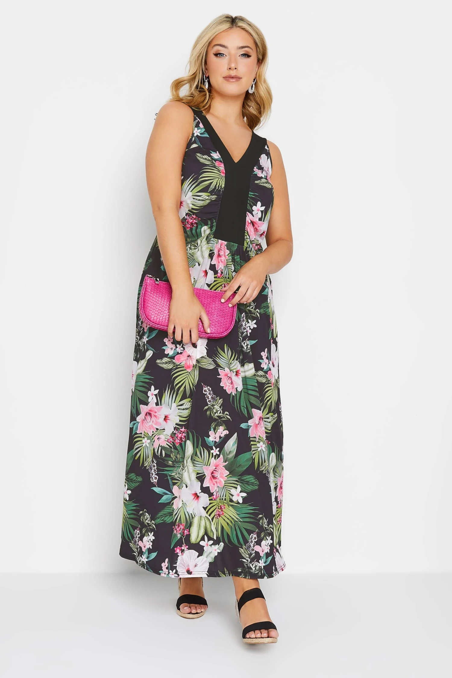 YOURS LONDON - Mouwloze Maxi-jurk Met Tropische Print In Zwart/groen 3 YOURS LONDON - Mouwloze Maxi-jurk Met Tropische Print In Zwart/groen