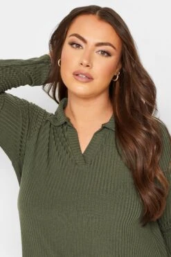 Geribbelde Jurk Met Kraag & Lange Mouwen In Kakigroen -NAOMI Kleding Winkel 7f0d01ab 0d09 49 137256 D