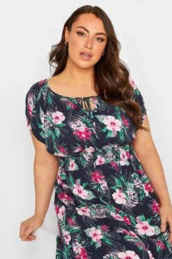 YOURS - Maxi-jurk Met Bloemenprint, Elastische Taille & Bardot-hals In Donkerblauw -NAOMI Kleding Winkel 8042f73d 501a 4b 137323 D