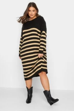 Midaxi Trui-jurk Met Strepen In Zwart & Beige