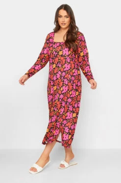 LIMITED COLLECTION - Maxi-jurk Met Bloemen, Vierkante Hals & Lange Mouwen In Rood