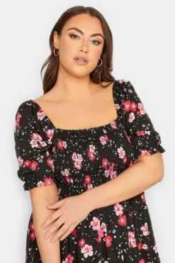 YOURS - Midi-jurk Met Bloemmotief, Pofmouwen & Smokwerk In Zwart -NAOMI Kleding Winkel 900e07fa 7dd7 4e 137284 D