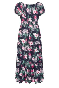 YOURS - Maxi-jurk Met Bloemenprint, Elastische Taille & Bardot-hals In Donkerblauw -NAOMI Kleding Winkel 95cbc9fe 47fd 41 137323 Y