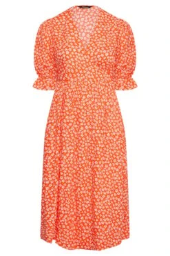 LIMITED COLLECTION - Curve Midi-jurk Met Bloemetjes & Korte Mouwen In Oranje -NAOMI Kleding Winkel 9c386737 6b86 41 214396 X