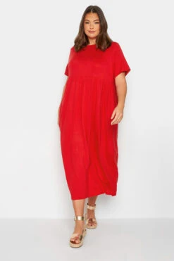 LIMITED COLLECTION - Aangerimpelde Maxi-jurk Met Korte Mouwen In Rood