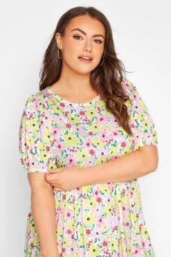 Aangerimpelde Midaxi-jurk Met Bloemenprint & Pofmouwen In Roze En Geel -NAOMI Kleding Winkel a8f4d293 f6d6 45 137199 D