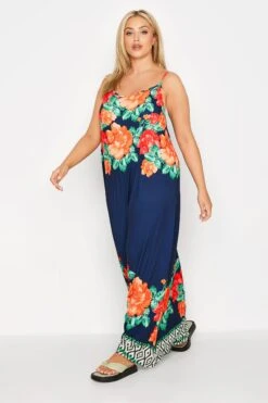 Maxi-jurk Met Bloemenprint & Cami-bandjes In Donkerblauw