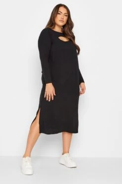 Geribbelde Midaxi-jurk Met Uitsnijding In Zwart