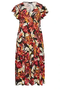 YOURS - Maxi-jurk Met Tropische Print & Omslag In Zwart/oranje -NAOMI Kleding Winkel b46642d1 40c3 46 301900 X