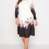 YOURS LONDON - Midi-jurk Met Bloemen & Lange Mouwen In Zwart En Wit