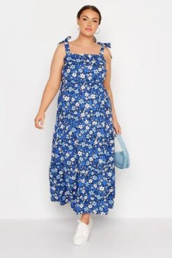 LIMITED COLLECTION - Mouwloze Maxi-jurk Met Retro Bloemen & Bandjes Met Strikdetail In Blauw