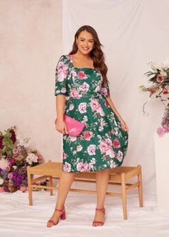 YOURS LONDON - Jurk Met Bloemen, Vierkante Hals En Tailleband In Donkergroen -NAOMI Kleding Winkel c80d4035 001c 4b 161733 L
