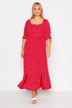 LIMITED COLLECTION - Curve Maxi-jurk Met Stippenprint, Vierkante Hals & Zijsplit In Rood