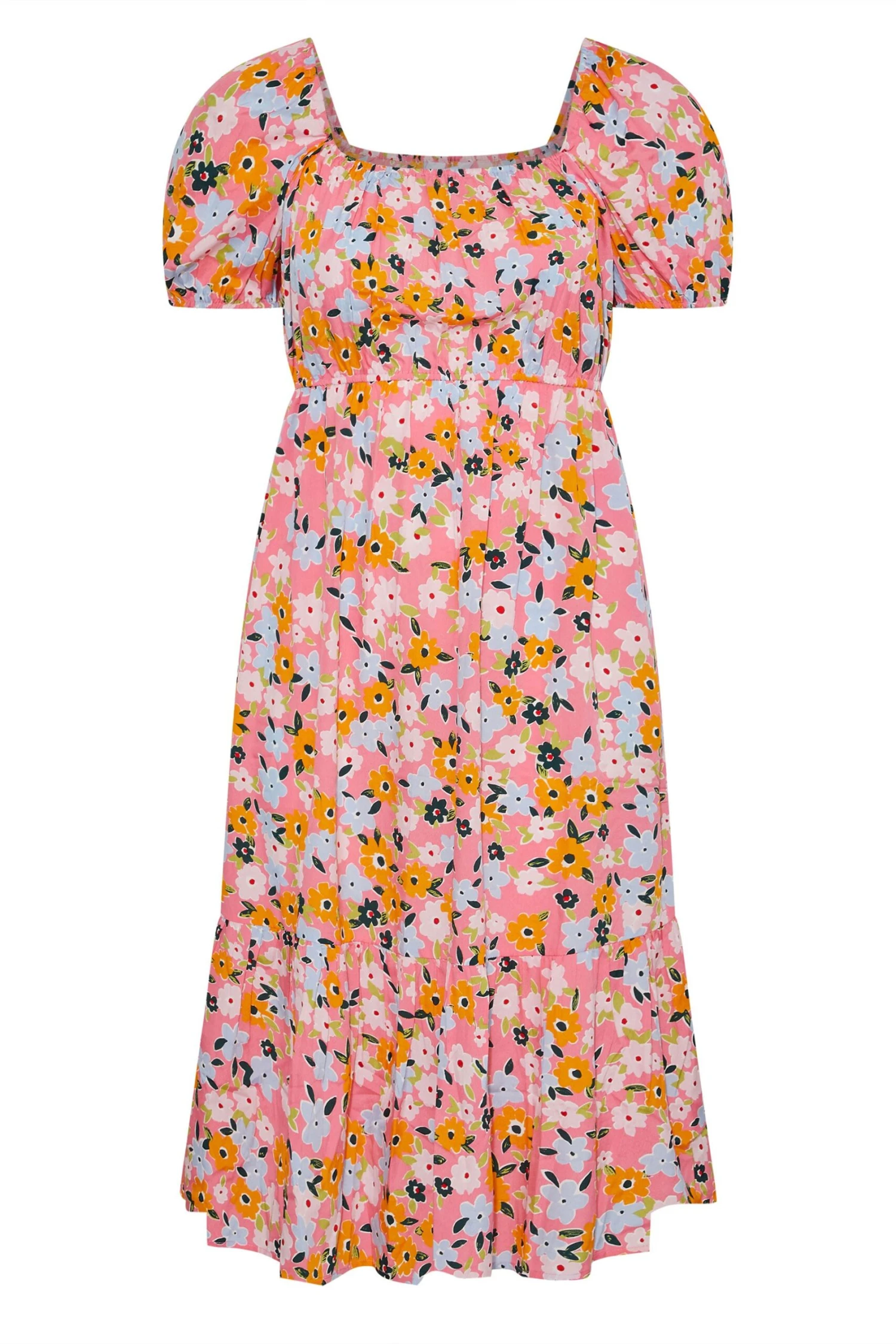 Midaxi-jurk Met Bloemetjes & Vierkante Hals In Roze En Oranje 7 Midaxi-jurk Met Bloemetjes & Vierkante Hals In Roze En Oranje - Afbeelding 5