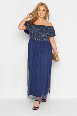 LUXE - Maxi-jurk Met Bardot-hals & Versiering In Blauw