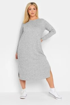 T-shirt-jurk Met Lange Mouwen En Zijsplitten In GemĂȘleerd Grijs