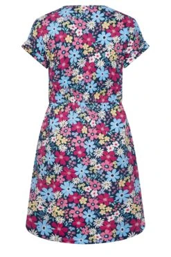YOURS - Mini-jurk Met Bloemmotief, Strikdetail En Korte Mouwen In Blauw/roze -NAOMI Kleding Winkel e62c0c00 60c2 40 137302 Y
