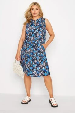 Mouwloze Midi-jurk Met Bloemenprint & Zakken In Blauw