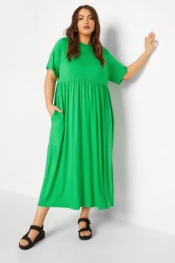 LIMITED COLLECTION - Aangerimpelde Maxi-jurk Met Korte Mouwen In Groen