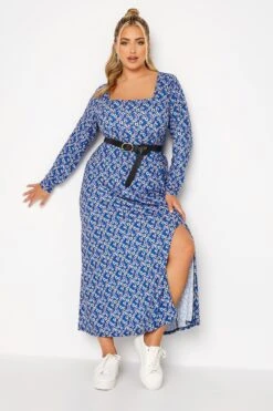 LIMITED COLLECTION - Maxi-jurk Met Bloemetjes, Vierkante Hals & Lange Mouwen In Blauw